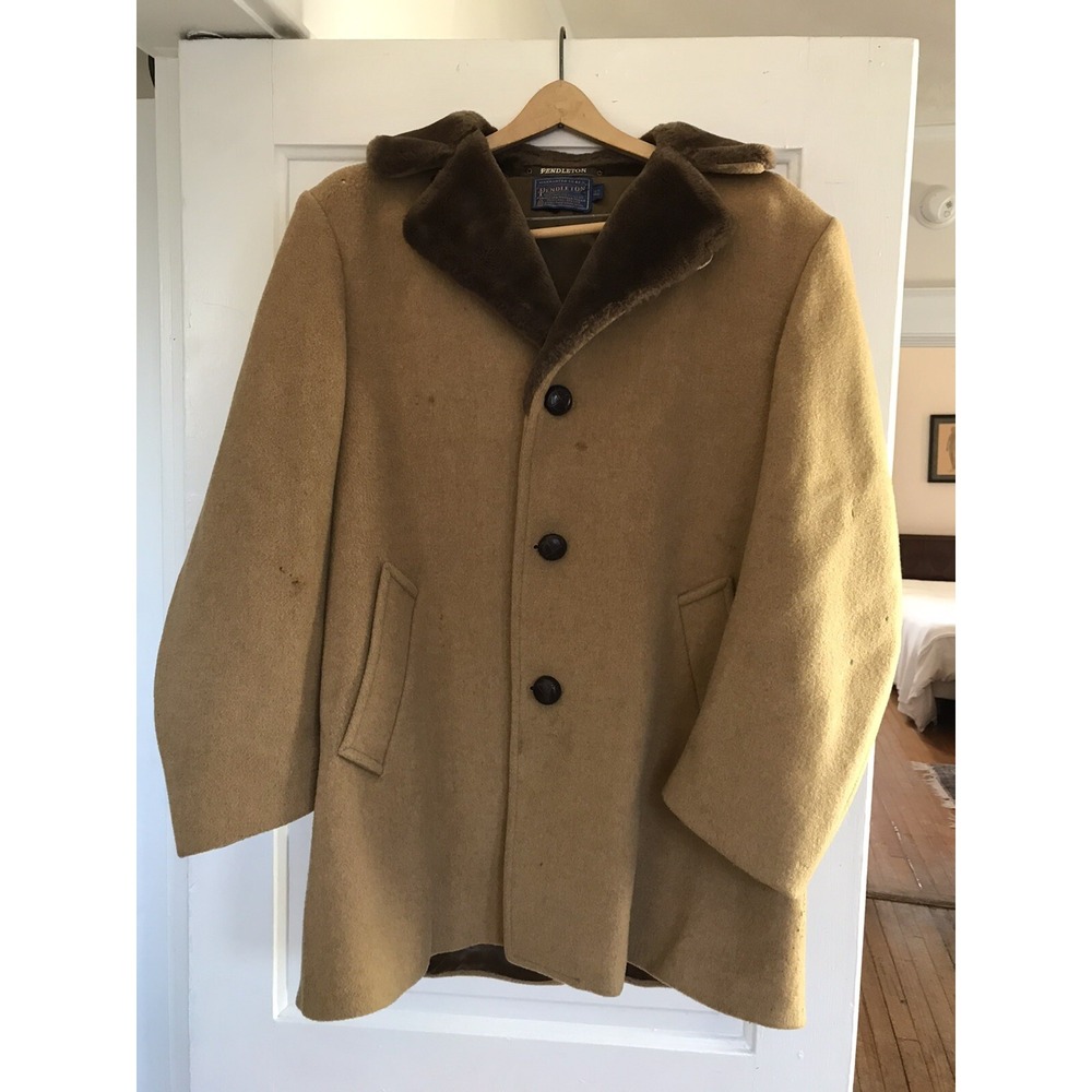 READ Vtg 80's Pendleton Wool Coat Jacket Faux Fur Collar Men's 42 Tan WEAR